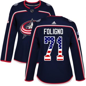 Dámské NHL Columbus Blue Jackets dresy 71 Nick Foligno Authentic Námořnická modrá Adidas USA Flag Fashion